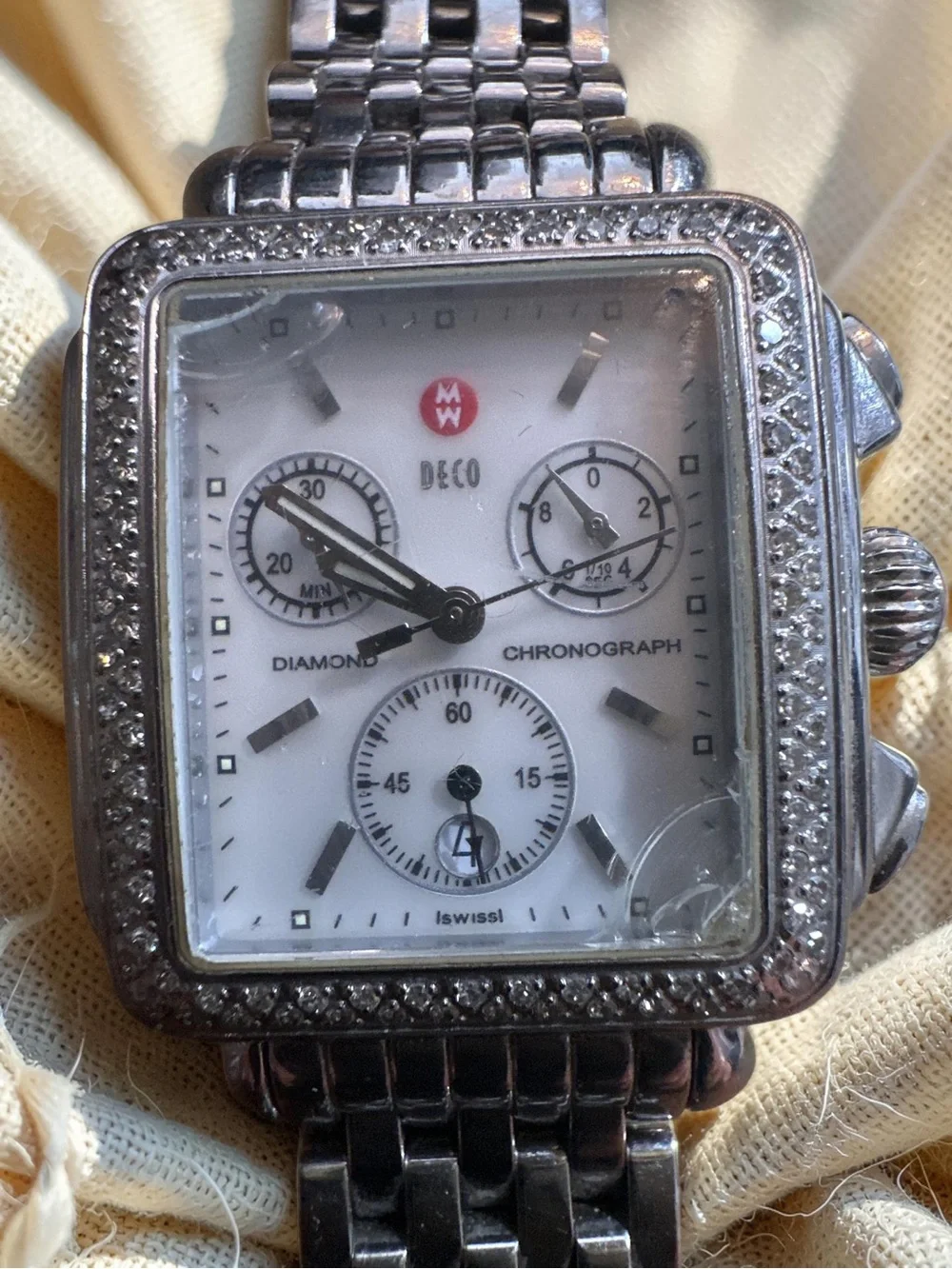 Michele Deco Silver Diamond Dial Watch Women Stainless Steel With 15 Straps